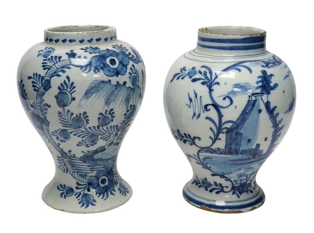 Two 18th century delft blue and white baluster vases, 18.5cm